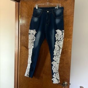 Dark Blue,Distressed Open Leg / Lacey Jeans Women’s Sexy Stretchy Jeans Size 1XL